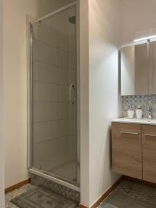 那慕尔Suite 26-Appartement au coeur de Namur的一间带玻璃淋浴和水槽的浴室