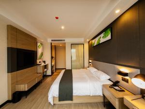宜昌尚客优品宜昌三峡机场酒店的一间卧室配有一张床和一台平面电视