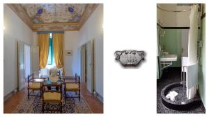 圣朱利亚诺-泰尔梅Villa Alta - Residenza d'epoca con piscina的客厅设有桌椅和天花板。
