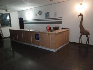 塔科拉迪Etna Apartments的接待台,在房间内有长颈鹿雕像