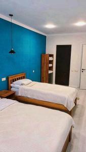 巴库里阿尼cottage 3-029的一间卧室设有两张床和蓝色的墙壁