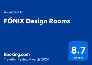 德布勒森Főnix Design Rooms的蓝色标牌,标有文本给设计间
