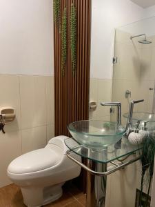 皮乌拉Dpto. contemporáneo y acogedor的一间带卫生间和玻璃水槽的浴室