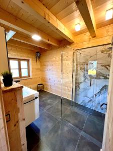于贝尔塞Ferienhaus Seerose的一间带淋浴的浴室,位于木制天花板上