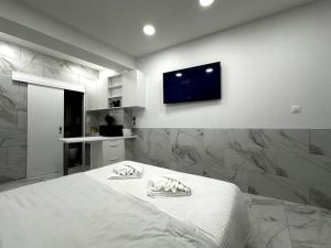 雅典Beautiful Apartment for Two的卧室配有一张床,墙上配有电视。