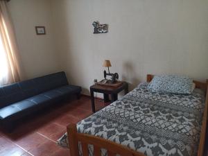 阿尔加罗沃阿尔加罗沃卡瓦尼亚斯的奎伦西亚乡村民俗的一间卧室配有一张床和一张蓝色的沙发