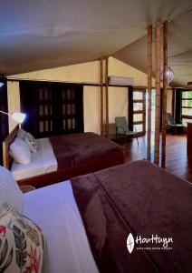 帕拉马里博Houttuyn Wellness River Resort的一间带两张床和帐篷的卧室