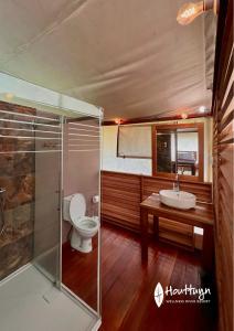 帕拉马里博Houttuyn Wellness River Resort的一间带卫生间和水槽的浴室