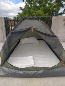 比利亚维哈Proyecto MOONLIGHT的绿色帐篷,配有一张床