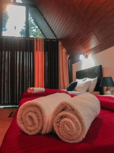 纳拉坦尼亚Water Side Residence的一间卧室配有红色的床和毛巾