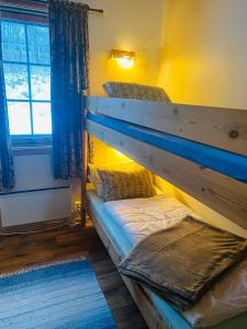 苏特兰Sortland Camping og Motell AS的带窗户的客房内的双层床