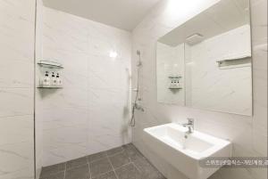 顺天市Hyatt Motel的白色的浴室设有水槽和镜子