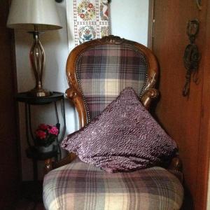 EllonBeautiful house in village Newburgh Ellon的枕头坐在椅子上,带灯
