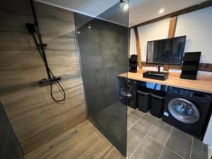 BeinheimDouce évasion的一间带洗衣机的浴室和一台电视机