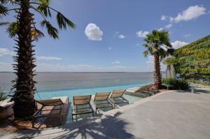 阿雷格里港DoubleTree by Hilton Porto Alegre的毗邻大海的带椅子和棕榈树的游泳池