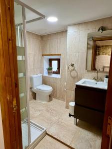 Villar de HuergoLa Casina de Villar的一间带卫生间、水槽和镜子的浴室