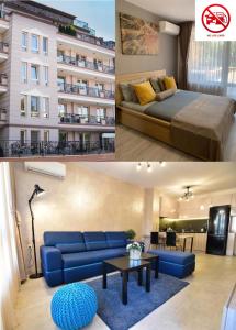 普罗夫迪夫Kapana Luxury City Center Apartments with Garage的一间带蓝色沙发的客厅和一座建筑