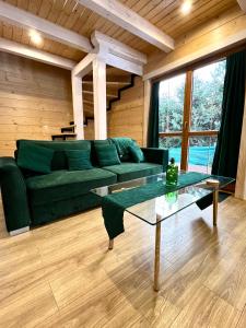 KamesznicaHighlander - drewniany dom w Beskidach的客厅配有绿色沙发和桌子