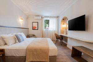 阿尔戈斯托利翁蓝色天堂一室公寓的配有一张床和一台平面电视的酒店客房