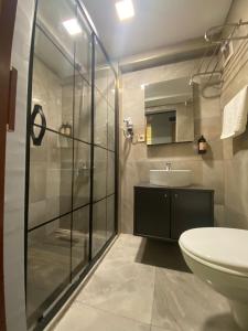 伊斯坦布尔Kadıköy Linda Hotel的一间带玻璃淋浴和水槽的浴室