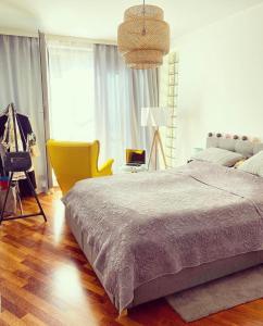 乌斯特龙USTRONNE ZACISZE - Ustroń Zdrój Zeta Park的一间卧室配有一张床和一张黄色椅子