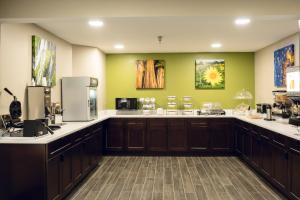 奥马哈Sleep Inn & Suites Omaha Airport的一间设有棕色橱柜和绿色墙壁的大厨房
