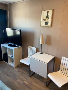 LierSpørkel Landbruk的客厅配有两把椅子、一台电视和一张桌子