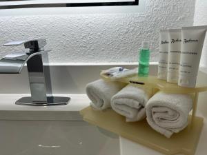 绍姆堡Radisson Hotel Schaumburg的浴室设有毛巾架和水槽