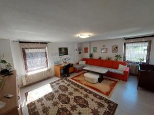 ŽeleznikiTiha dolina的客厅配有红色沙发和地毯。