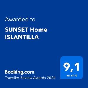伊斯兰蒂拉SUNSET Home ISLANTILLA的标有“落日之家”的蓝色标语是岛的