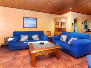 卡尔德斯德马拉维亚Holiday Home La font dels tres pins by Interhome的客厅配有蓝色的沙发和咖啡桌