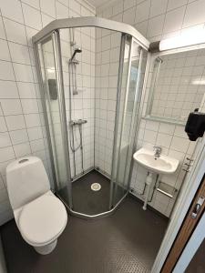 萨普斯堡Tune Hotell Sarpsborg的带淋浴、卫生间和盥洗盆的浴室