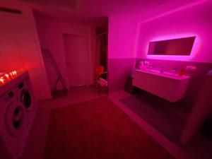 隆德泽尔Relax House B&B Londerzeel的粉红色的浴室设有水槽和洗衣机。