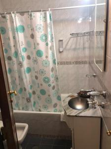 梅洛El Cortijo Apart - Hotel的浴室配有淋浴帘和盥洗盆。