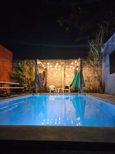 梅里达拉埃尔米塔旅馆的一座大型蓝色游泳池,灯光照亮