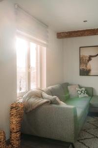杜柏Villa ADurbuy avec Jacuzzi的客厅设有绿色沙发和窗户。