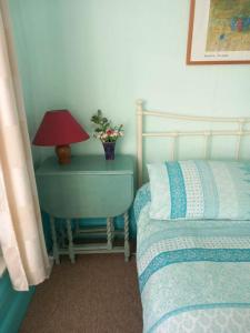 法尔茅斯Falmouth Lodge的一间卧室配有一张床和一张带台灯的桌子