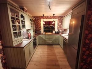 TorpoSolhaug的铺有木地板的厨房配有绿色橱柜