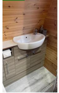 洛哈尔什教区凯尔高地Heatherbrae Cosy Wooden Pod的木墙内带白色水槽的浴室