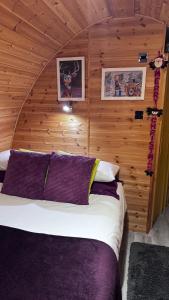 洛哈尔什教区凯尔高地Heatherbrae Cosy Wooden Pod的卧室配有木墙内的一张床