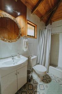 普孔Cabañas Los Maquis的一间带卫生间、水槽和镜子的浴室