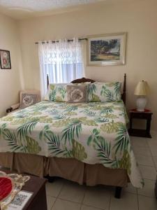 欧丘里欧Aileen Palm Cove Ja的一间卧室配有一张带绿色和白色棉被的床