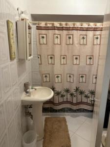 欧丘里欧Aileen Palm Cove Ja的浴室设有水槽和棕榈树淋浴帘。