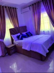 Specfield Court And Apartment Sun City的一间卧室配有一张带蓝色枕头和窗帘的床