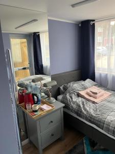 伦敦Cozy Guest Room in High Barnet (London) with Private Entrance and Small Terrace的一间设有两张床的小卧室和一个带镜子的床头柜