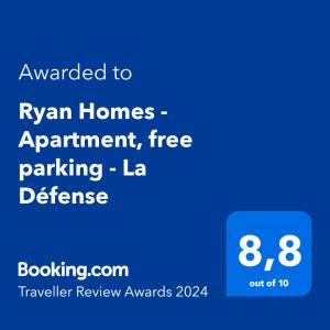 库尔布瓦Ryan Homes - in ApartHotel - La Défense的一部手机的屏幕,上面写着要给家里打电话的文字,可预约免费停车