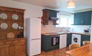丁格尔Dingle Holiday Homes (S7)的厨房配有蓝色橱柜和白色冰箱