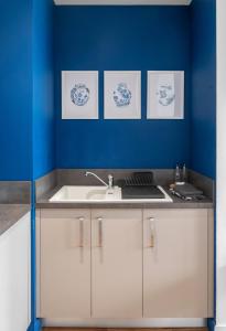 克莱蒙费朗Résidence Léon Blum - Appartements design - Parking的厨房设有水槽和蓝色的墙壁