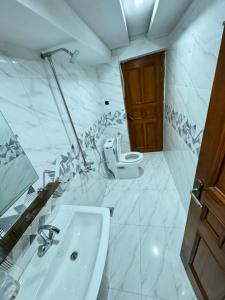 伊斯兰堡Decent Lodge Guest House F-10的白色的浴室设有水槽和卫生间。