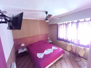 马德普拉塔Nuevo Hotel Tivoli的一间卧室配有红色的床和一台平面电视